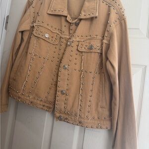 Tan Studded Denim Jacket Small Neutral Western Edgy Statement Jacket